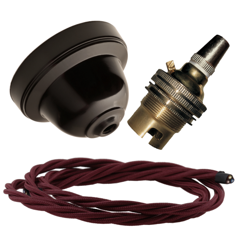 Brown Bakelite Ceiling Pendant Kit with B22 Brass Lampholder and Rich Burgundy Flex