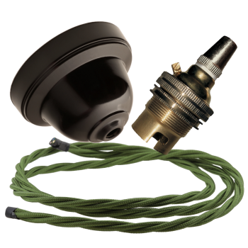 Brown Bakelite Ceiling Pendant Kit with B22 Brass Lampholder and Green Flex