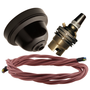 Brown Bakelite Ceiling Pendant Kit with B22 Brass Lampholder and Dusky Pink Flex