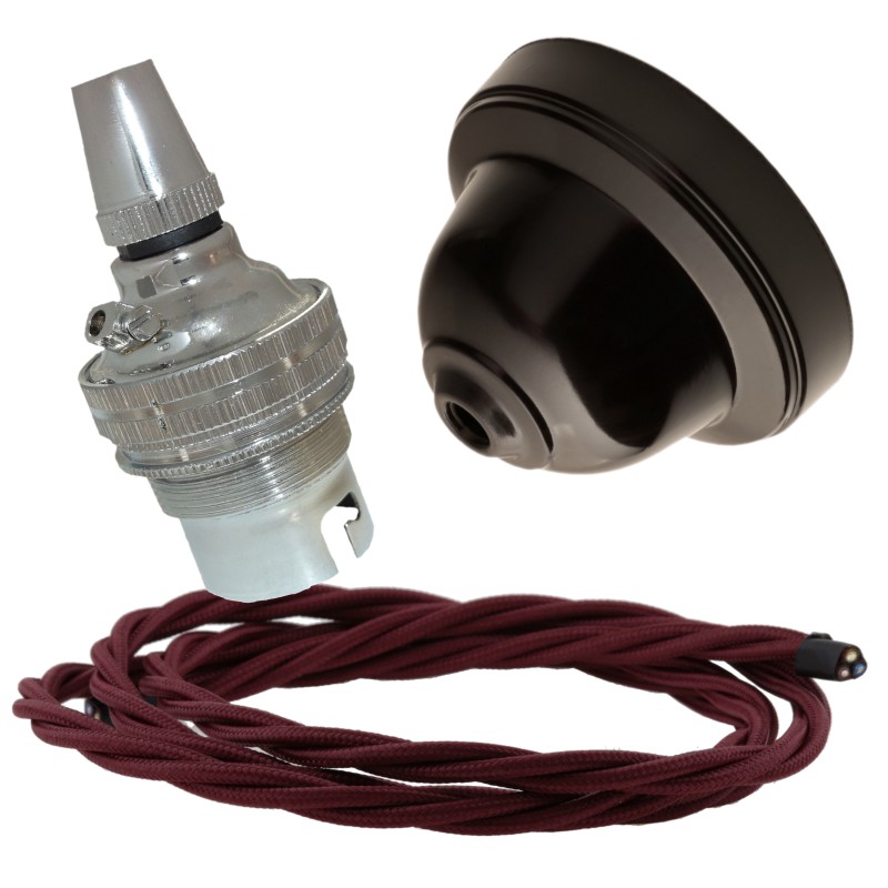 Brown Bakelite Ceiling Pendant Kit with B22 Silver Nickel Lampholder and Rich Burgundy Flex Brown Bakelite Ceiling Pendant Kit with B22 Silver Nickel Lampholder and Rich Burgundy Flex