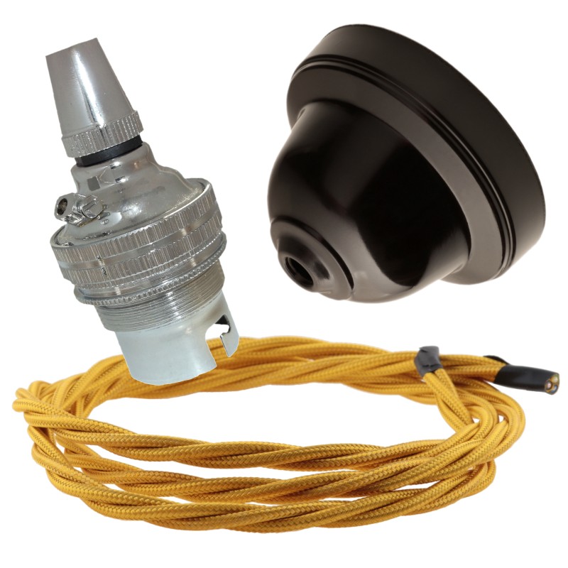 Brown Bakelite Ceiling Pendant Kit with B22 Silver Nickel Lampholder and Gold Flex Brown Bakelite Ceiling Pendant Kit with B22 Silver Nickel Lampholder and Gold Flex