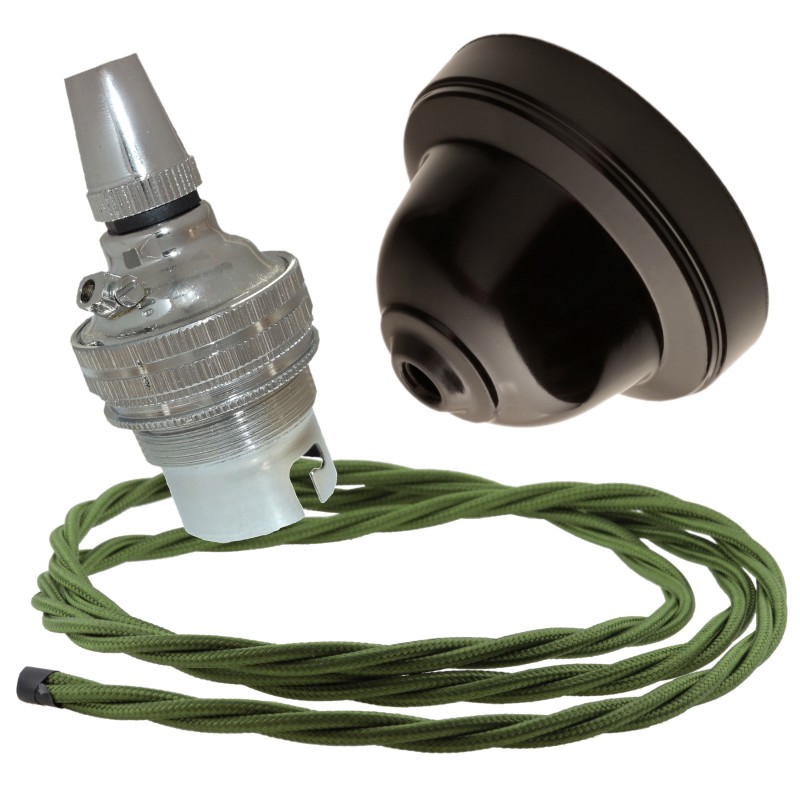 Brown Bakelite Ceiling Pendant Kit with B22 Silver Nickel Lampholder and Green Flex Brown Bakelite Ceiling Pendant Kit with B22 Silver Nickel Lampholder and Green Flex