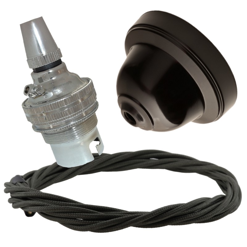 Brown Bakelite Ceiling Pendant Kit with B22 Silver Nickel Lampholder and Khaki Green Flex Brown Bakelite Ceiling Pendant Kit with B22 Silver Nickel Lampholder and Khaki Green Flex