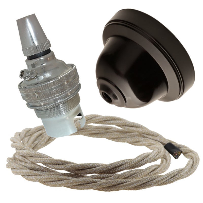 Brown Bakelite Ceiling Pendant Kit with B22 Silver Nickel Lampholder and Linen Flex Brown Bakelite Ceiling Pendant Kit with B22 Silver Nickel Lampholder and Linen Flex