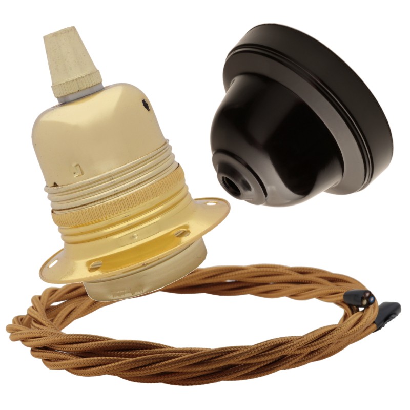Pendant Kit with Brown Bakelite Ceiling cup E27 Polished Brass Finish Lampholder and Antique Gold Flex Pendant Kit with Brown Bakelite Ceiling cup E27 Polished Brass Finish Lampholder and Antique Gold Flex