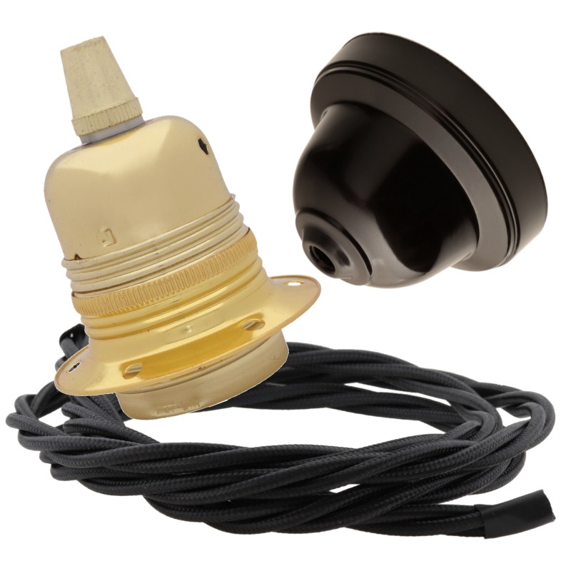 Pendant Kit with Brown Bakelite Ceiling cup E27 Polished Brass Finish Lampholder and Black Flex Pendant Kit with Brown Bakelite Ceiling cup E27 Polished Brass Finish Lampholder and Black Flex