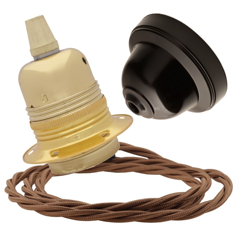 Pendant Kit with Brown Bakelite Ceiling cup E27 Polished Brass Finish Lampholder and Bronze Flex Pendant Kit with Brown Bakelite Ceiling cup E27 Polished Brass Finish Lampholder and Bronze Flex