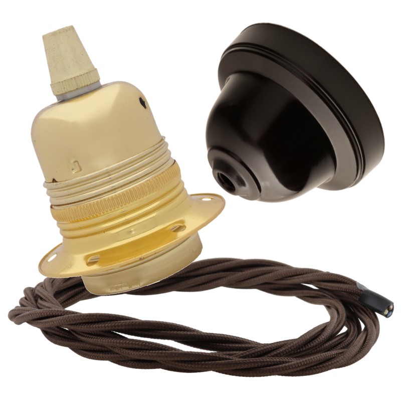 Pendant Kit with Brown Bakelite Ceiling cup E27 Polished Brass Finish Lampholder and Mocha Brown Flex Pendant Kit with Brown Bakelite Ceiling cup E27 Polished Brass Finish Lampholder and Mocha Brown Flex