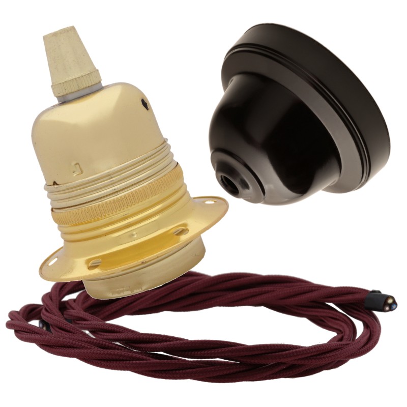 Pendant Kit with Brown Bakelite Ceiling cup E27 Polished Brass Finish Lampholder and Rich Burgundy Flex Pendant Kit with Brown Bakelite Ceiling cup E27 Polished Brass Finish Lampholder and Rich Burgundy Flex