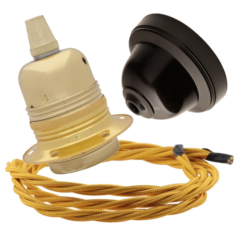 Pendant Kit with Brown Bakelite Ceiling cup E27 Polished Brass Finish Lampholder and Gold Flex Pendant Kit with Brown Bakelite Ceiling cup E27 Polished Brass Finish Lampholder and Gold Flex