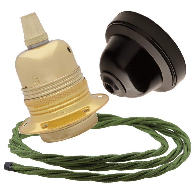 Pendant Kit with Brown Bakelite Ceiling cup E27 Polished Brass Finish Lampholder and Green Flex Pendant Kit with Brown Bakelite Ceiling cup E27 Polished Brass Finish Lampholder and Green Flex