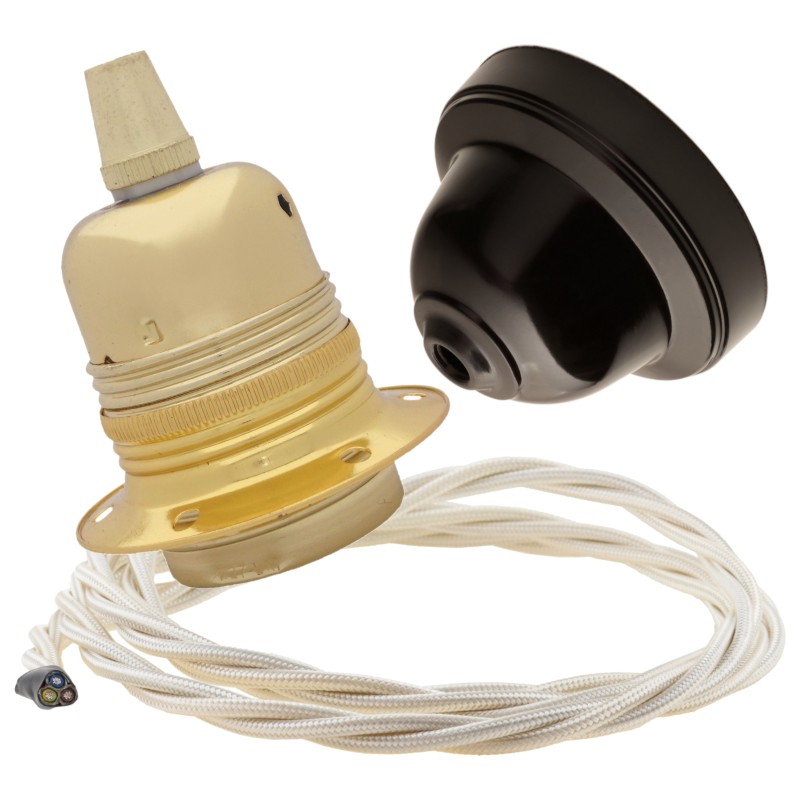 Pendant Kit with Brown Bakelite Ceiling cup E27 Polished Brass Finish Lampholder and Classic Ivory Flex Pendant Kit with Brown Bakelite Ceiling cup E27 Polished Brass Finish Lampholder and Classic Ivory Flex