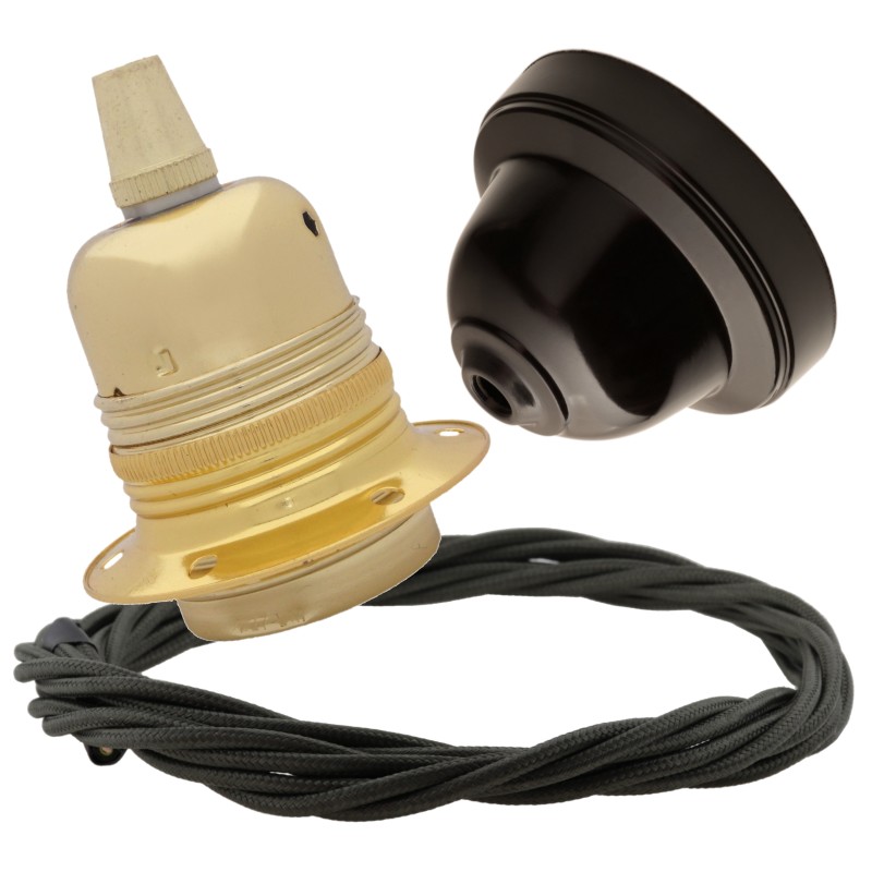 Pendant Kit with Brown Bakelite Ceiling cup E27 Polished Brass Finish Lampholder and Khaki Green Flex Pendant Kit with Brown Bakelite Ceiling cup E27 Polished Brass Finish Lampholder and Khaki Green Flex