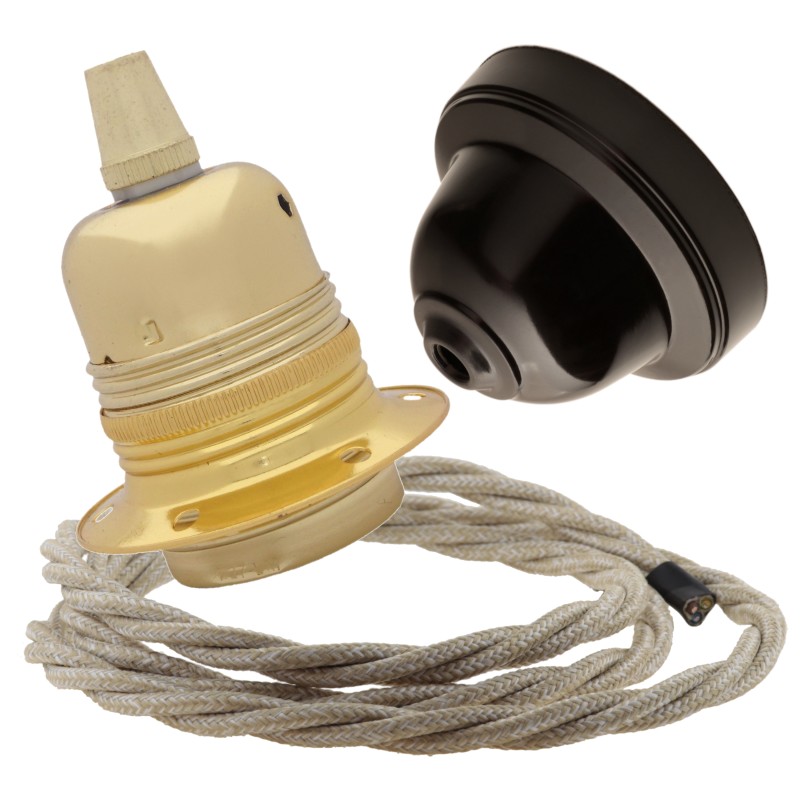 Pendant Kit with Brown Bakelite Ceiling cup E27 Polished Brass Finish Lampholder and Linen Flex Pendant Kit with Brown Bakelite Ceiling cup E27 Polished Brass Finish Lampholder and Linen Flex