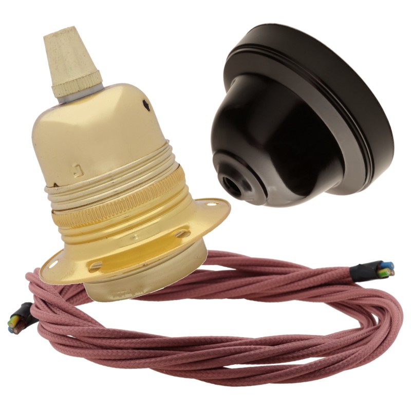 Pendant Kit with Brown Bakelite Ceiling cup E27 Polished Brass Finish Lampholder and Dusky Pink Flex Pendant Kit with Brown Bakelite Ceiling cup E27 Polished Brass Finish Lampholder and Dusky Pink Flex