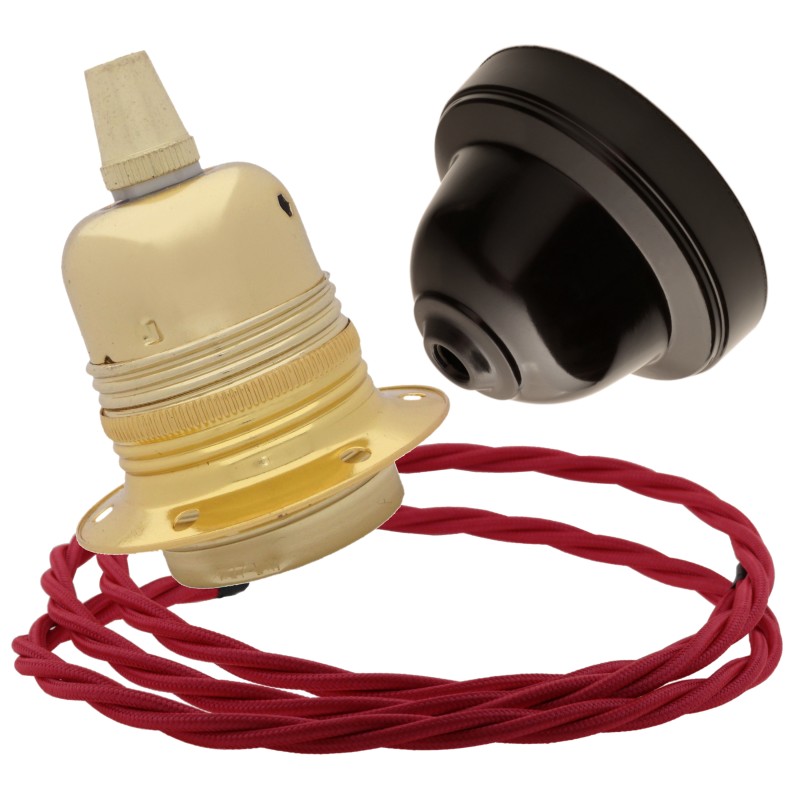 Pendant Kit with Brown Bakelite Ceiling cup E27 Polished Brass Finish Lampholder and Bright Red Flex Pendant Kit with Brown Bakelite Ceiling cup E27 Polished Brass Finish Lampholder and Bright Red Flex