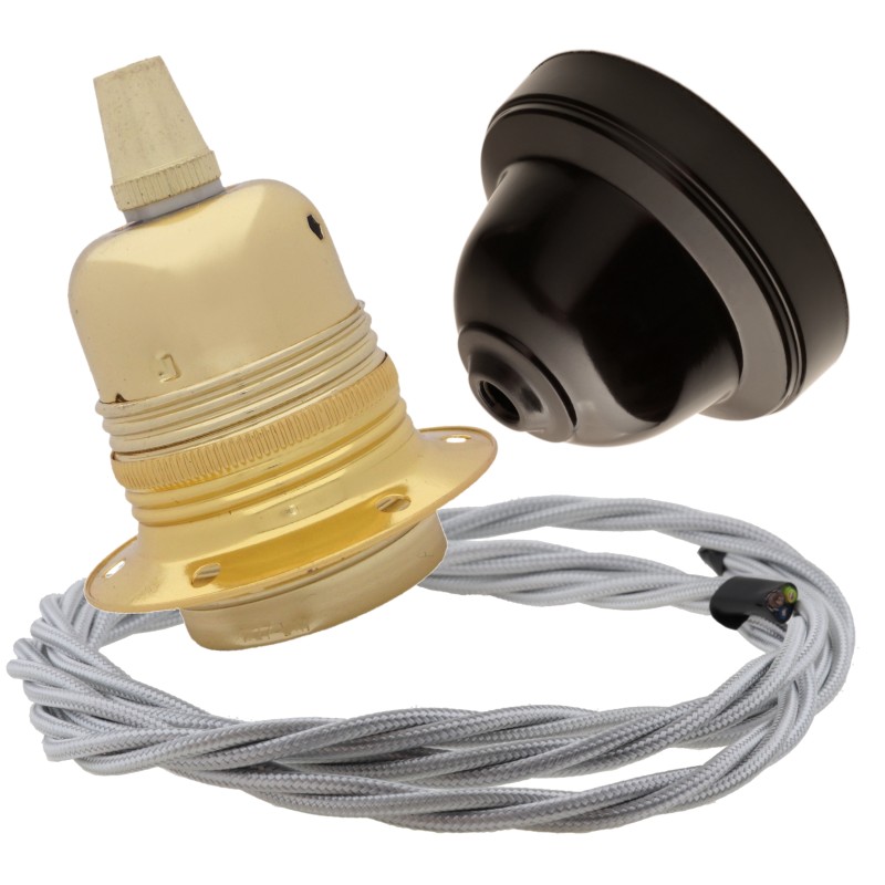Pendant Kit with Brown Bakelite Ceiling cup E27 Polished Brass Finish Lampholder and Silver Flex Pendant Kit with Brown Bakelite Ceiling cup E27 Polished Brass Finish Lampholder and Silver Flex