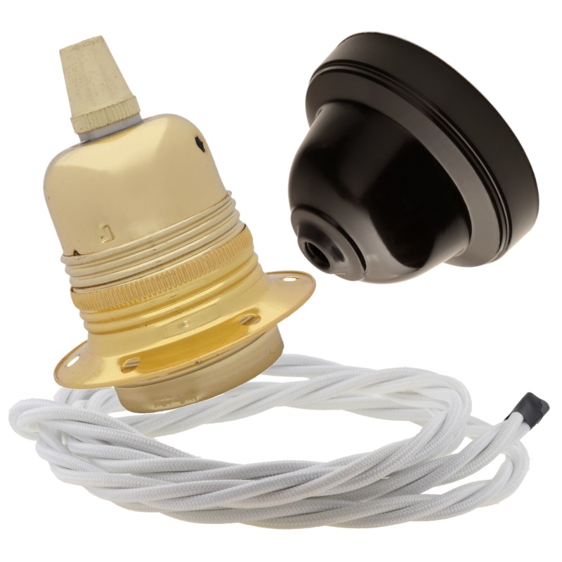 Pendant Kit with Brown Bakelite Ceiling cup E27 Polished Brass Finish Lampholder and White Flex Pendant Kit with Brown Bakelite Ceiling cup E27 Polished Brass Finish Lampholder and White Flex