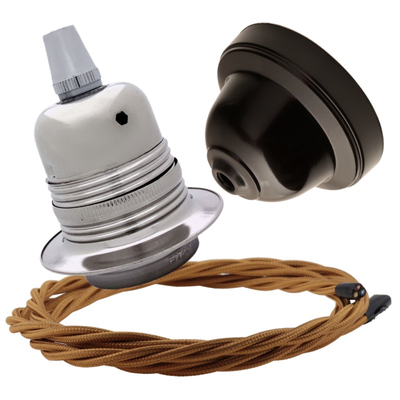 Pendant Kit with Brown Bakelite Ceiling cup E27 Silver Nickel Finish Lampholder and Antique Gold Flex Pendant Kit with Brown Bakelite Ceiling cup E27 Silver Nickel Finish Lampholder and Antique Gold Flex