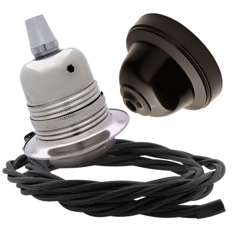 Pendant Kit with Brown Bakelite Ceiling cup E27 Silver Nickel Finish Lampholder and Black Flex Pendant Kit with Brown Bakelite Ceiling cup E27 Silver Nickel Finish Lampholder and Black Flex