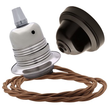 Pendant Kit with Brown Bakelite Ceiling cup E27 Silver Nickel Finish Lampholder and Bronze Flex