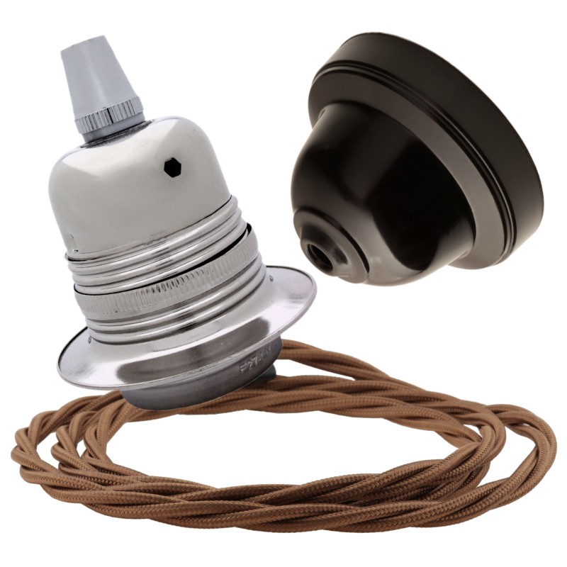 Pendant Kit with Brown Bakelite Ceiling cup E27 Silver Nickel Finish Lampholder and Bronze Flex Pendant Kit with Brown Bakelite Ceiling cup E27 Silver Nickel Finish Lampholder and Bronze Flex