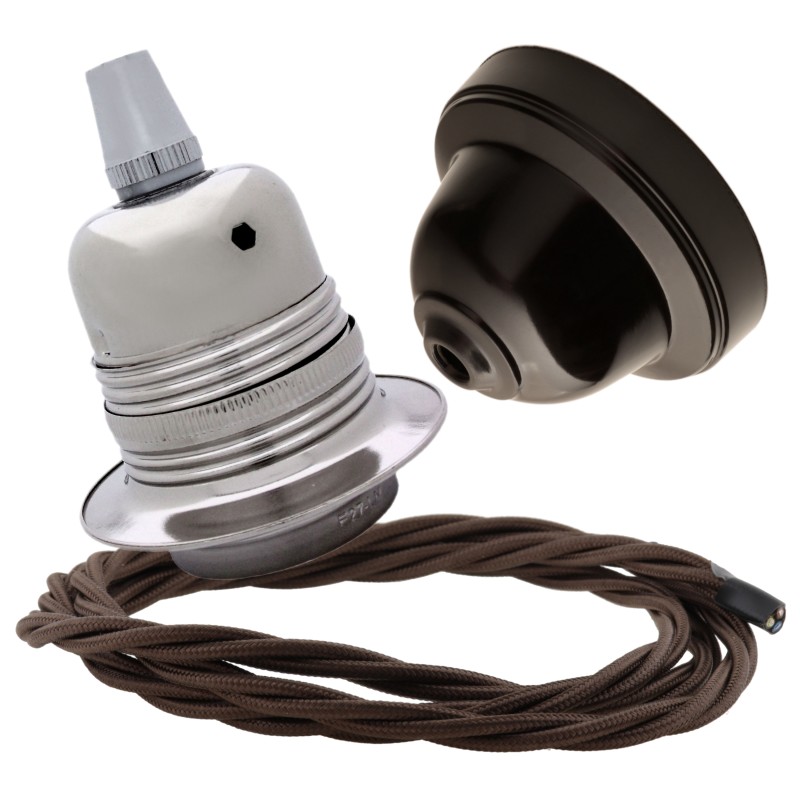 Pendant Kit with Brown Bakelite Ceiling cup E27 Silver Nickel Finish Lampholder and Mocha Brown Flex Pendant Kit with Brown Bakelite Ceiling cup E27 Silver Nickel Finish Lampholder and Mocha Brown Flex