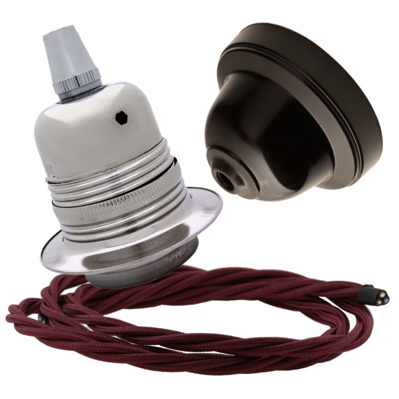 Pendant Kit with Brown Bakelite Ceiling cup E27 Silver Nickel Finish Lampholder and Rich Burgundy Flex Pendant Kit with Brown Bakelite Ceiling cup E27 Silver Nickel Finish Lampholder and Rich Burgundy Flex