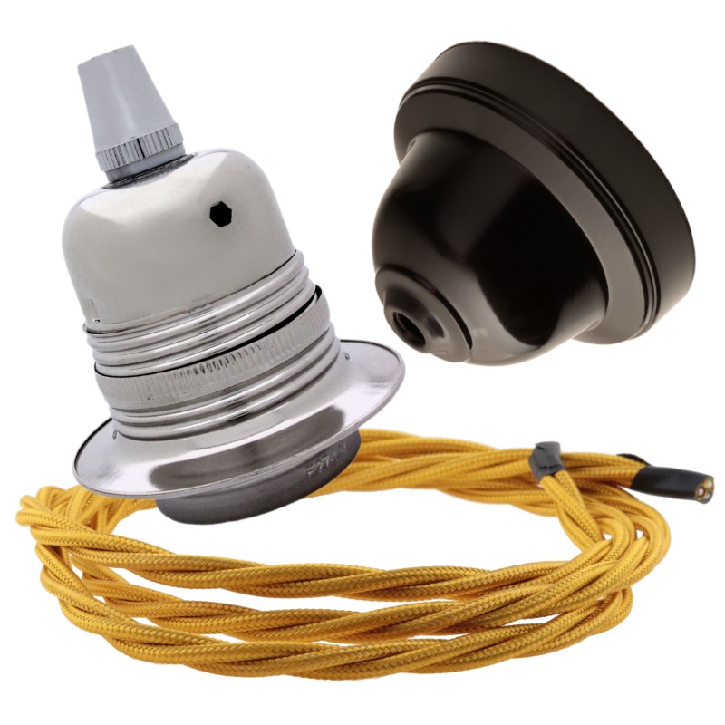 Pendant Kit with Brown Bakelite Ceiling cup E27 Silver Nickel Finish Lampholder and Gold Flex Pendant Kit with Brown Bakelite Ceiling cup E27 Silver Nickel Finish Lampholder and Gold Flex