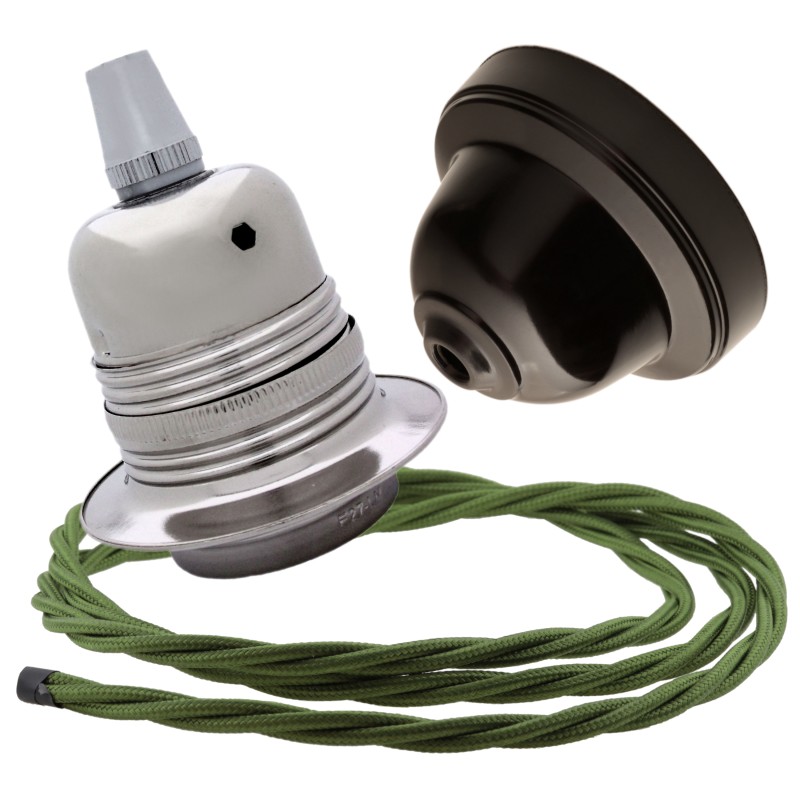 Pendant Kit with Brown Bakelite Ceiling cup E27 Silver Nickel Finish Lampholder and Green Flex Pendant Kit with Brown Bakelite Ceiling cup E27 Silver Nickel Finish Lampholder and Green Flex