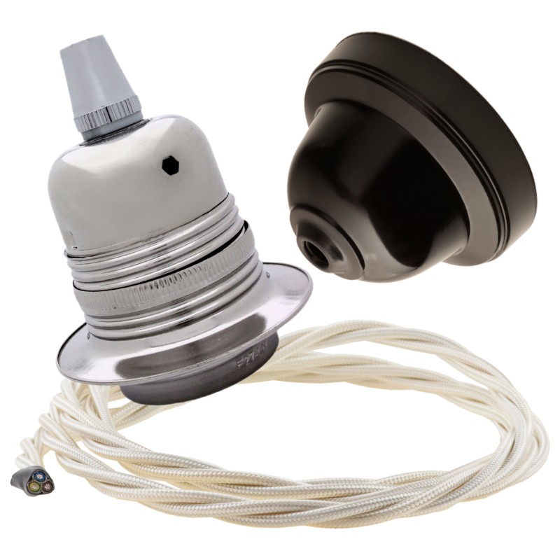 Pendant Kit with Brown Bakelite Ceiling cup E27 Silver Nickel Finish Lampholder and Classic Ivory Flex Pendant Kit with Brown Bakelite Ceiling cup E27 Silver Nickel Finish Lampholder and Classic Ivory Flex