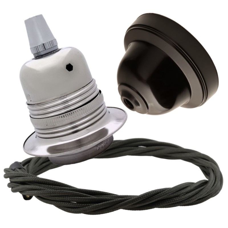 Pendant Kit with Brown Bakelite Ceiling cup E27 Silver Nickel Finish Lampholder and Khaki Green Flex Pendant Kit with Brown Bakelite Ceiling cup E27 Silver Nickel Finish Lampholder and Khaki Green Flex