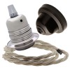 Pendant Kit with Brown Bakelite Ceiling cup E27 Silver Nickel Finish Lampholder and Linen Flex Pendant Kit with Brown Bakelite Ceiling cup E27 Silver Nickel Finish Lampholder and Linen Flex