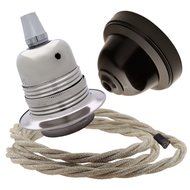 Pendant Kit with Brown Bakelite Ceiling cup E27 Silver Nickel Finish Lampholder and Linen Flex Pendant Kit with Brown Bakelite Ceiling cup E27 Silver Nickel Finish Lampholder and Linen Flex