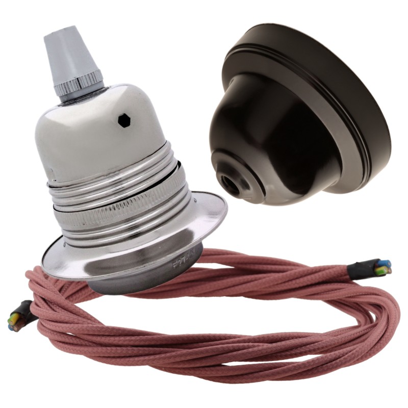 Pendant Kit with Brown Bakelite Ceiling cup E27 Silver Nickel Finish Lampholder and Dusky Pink Flex Pendant Kit with Brown Bakelite Ceiling cup E27 Silver Nickel Finish Lampholder and Dusky Pink Flex