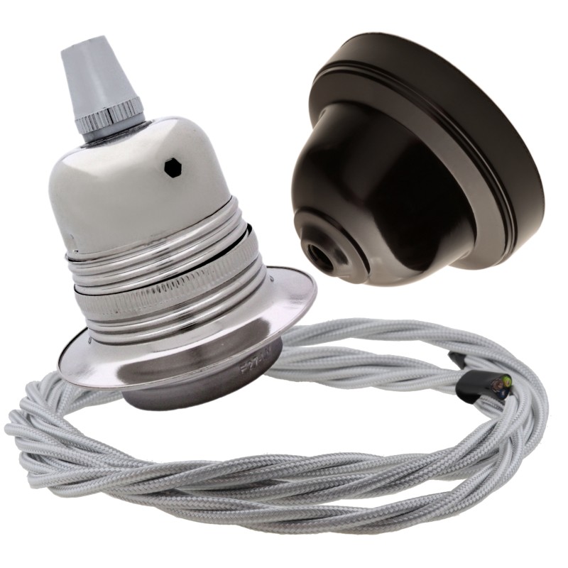 Pendant Kit with Brown Bakelite Ceiling cup E27 Silver Nickel Finish Lampholder and Silver Flex Pendant Kit with Brown Bakelite Ceiling cup E27 Silver Nickel Finish Lampholder and Silver Flex