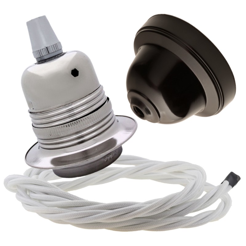 Pendant Kit with Brown Bakelite Ceiling cup E27 Silver Nickel Finish Lampholder and White Flex Pendant Kit with Brown Bakelite Ceiling cup E27 Silver Nickel Finish Lampholder and White Flex