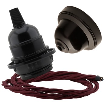 Pendant Kit with Brown Bakelite Ceiling cup E27 Black Bakelite Lampholder and Rich Burgundy Flex