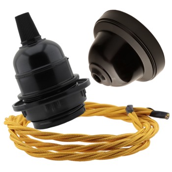 Pendant Kit with Brown Bakelite Ceiling cup E27 Black Bakelite Lampholder and Gold Flex