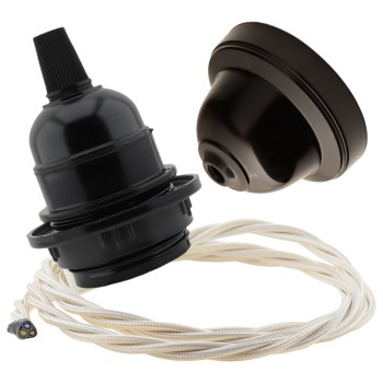 Pendant Kit with Brown Bakelite Ceiling cup E27 Black Bakelite Lampholder and Classic Ivory Flex