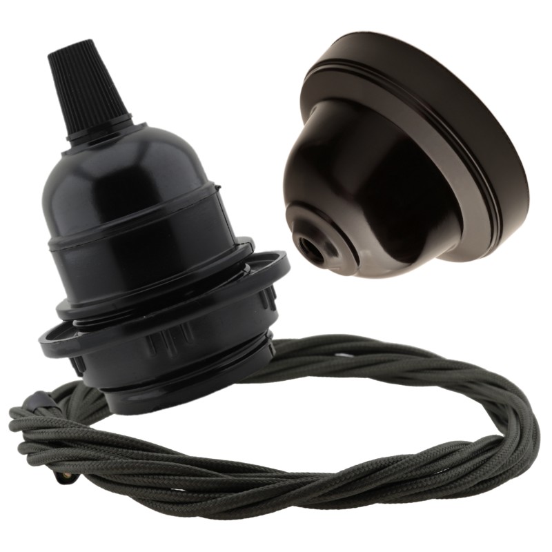 Pendant Kit with Brown Bakelite Ceiling cup E27 Black Bakelite Lampholder and Khaki Green Flex Pendant Kit with Brown Bakelite Ceiling cup E27 Black Bakelite Lampholder and Khaki Green Flex