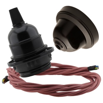Pendant Kit with Brown Bakelite Ceiling cup E27 Black Bakelite Lampholder and Dusky Pink Flex