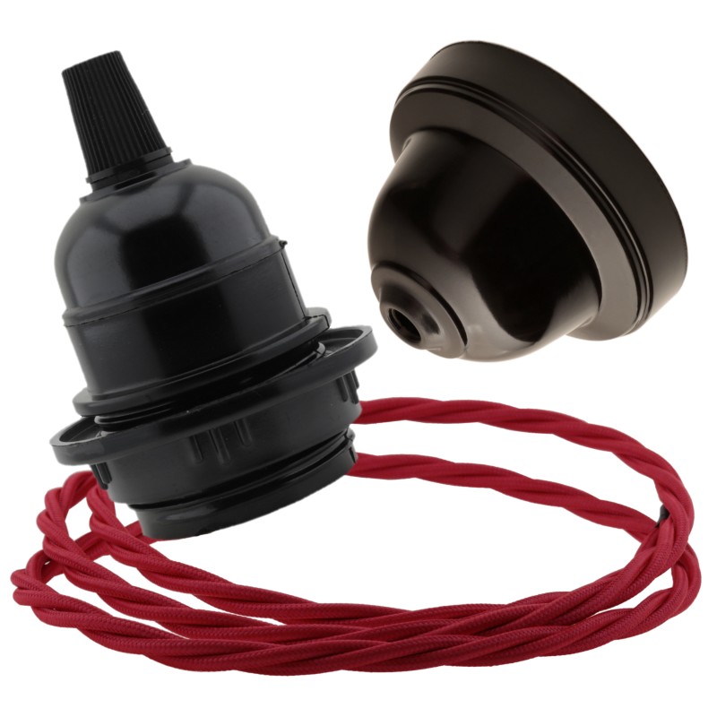 Pendant Kit with Brown Bakelite Ceiling Cup E27 Black Bakelite Lampholder and Bright Red Flex Pendant Kit with Brown Bakelite Ceiling Cup E27 Black Bakelite Lampholder and Bright Red Flex