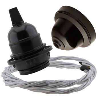 Pendant Kit with Brown Bakelite Ceiling cup E27 Black Bakelite Lampholder and Silver Flex