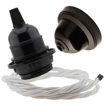 Pendant Kit with Brown Bakelite Ceiling cup E27 Black Bakelite Lampholder and White Flex