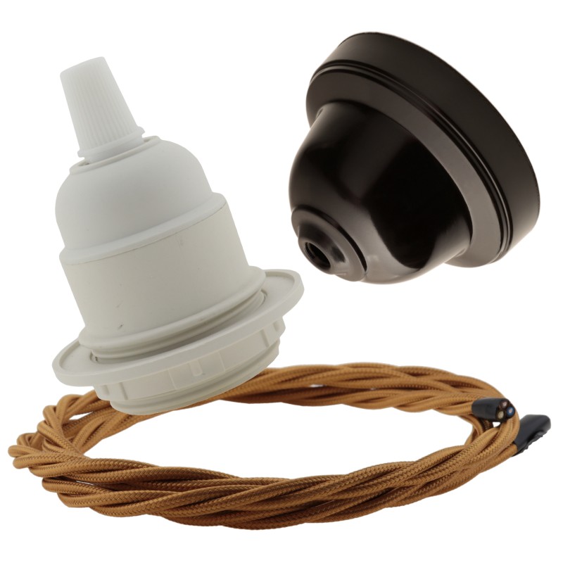 Pendant Kit with Brown Bakelite Ceiling cup E27 White Thermoset Plastic Lampholder and Antique Gold Flex Pendant Kit with Brown Bakelite Ceiling cup E27 White Thermoset Plastic Lampholder and Antique Gold Flex