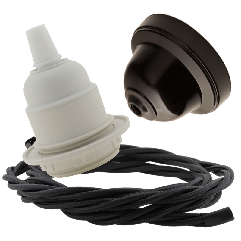 Pendant Kit with Brown Bakelite Ceiling cup E27 White Thermoset Plastic Lampholder and Black Flex Pendant Kit with Brown Bakelite Ceiling cup E27 White Thermoset Plastic Lampholder and Black Flex
