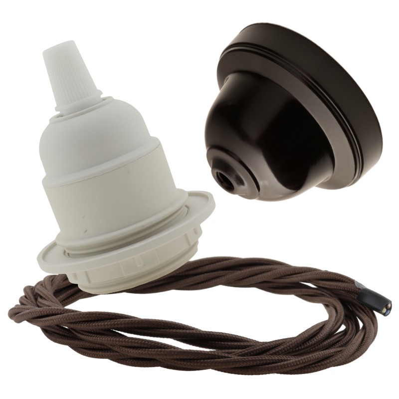 Pendant Kit with Brown Bakelite Ceiling cup E27 White Thermoset Plastic Lampholder and Mocha Brown Flex Pendant Kit with Brown Bakelite Ceiling cup E27 White Thermoset Plastic Lampholder and Mocha Brown Flex