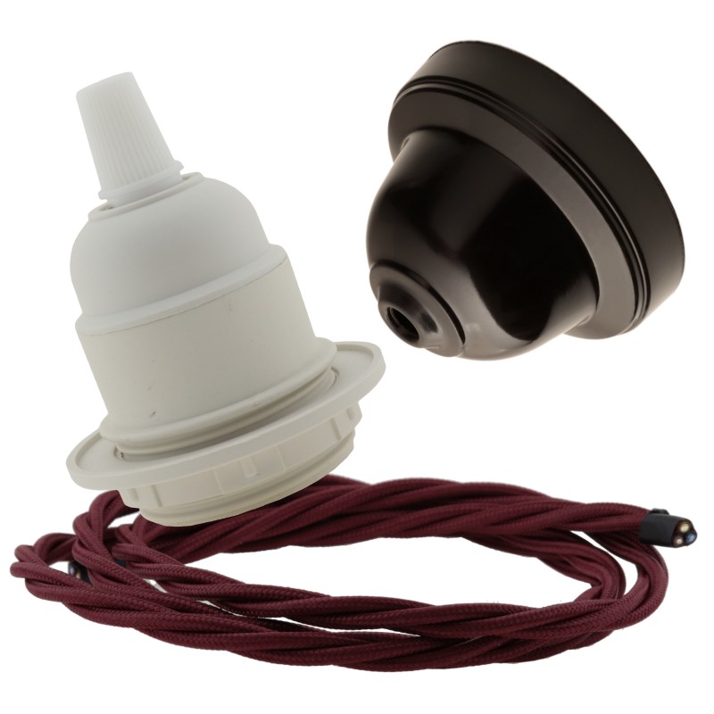 Pendant Kit with Brown Bakelite Ceiling cup E27 White Thermoset Plastic Lampholder and Rich Burgundy Flex Pendant Kit with Brown Bakelite Ceiling cup E27 White Thermoset Plastic Lampholder and Rich Burgundy Flex