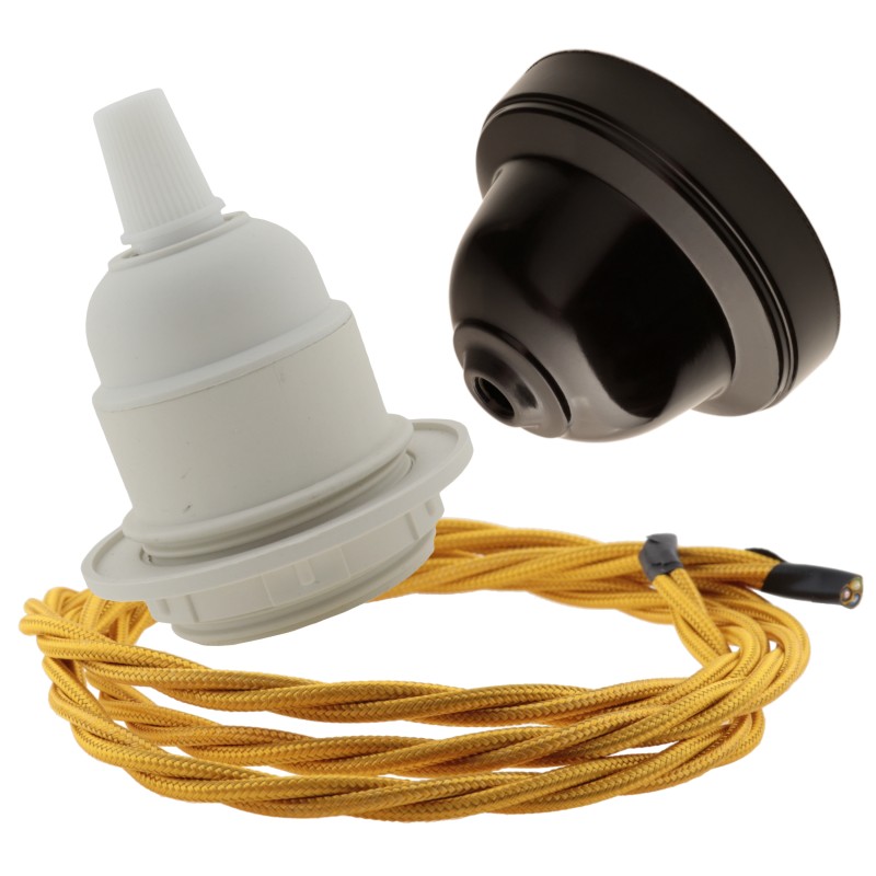 Pendant Kit with Brown Bakelite Ceiling cup E27 White Thermoset Plastic Lampholder and Gold Flex Pendant Kit with Brown Bakelite Ceiling cup E27 White Thermoset Plastic Lampholder and Gold Flex